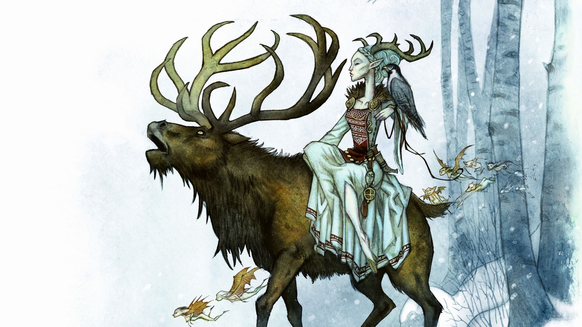 A pale blue horned woman riding an elk with fairies flying around her.